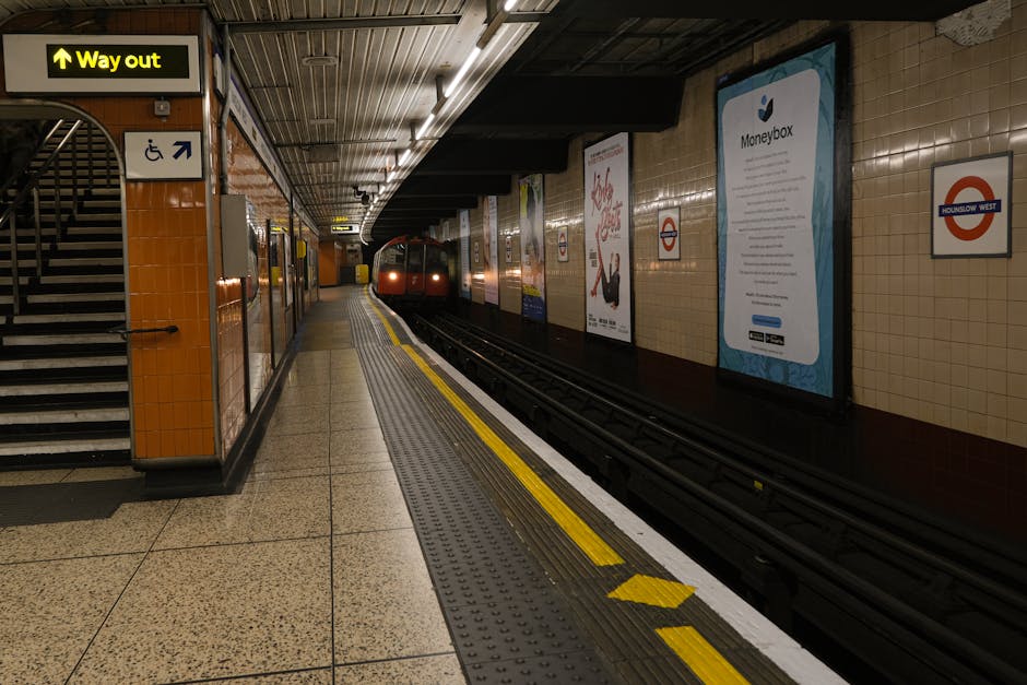 Inside a London underground station platform showing a train approaching the edge, with beige tiled walls and a concrete ceiling. On the left, there is a staircase with a black handrail, leading upwar