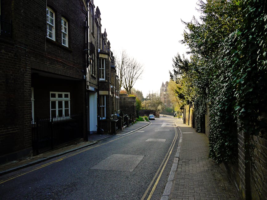 A narrow residential street in Bexley with brick terraced houses on the left side featuring white-framed windows and small front gardens enclosed by metal fences. The pavement on the right is lined with dense greenery, including tall bushes and trees, some with sparse branches extending over the sidewalk. The road surface has a slight curve and includes double yellow lines along the edge. In the background, a white van is parked partially visible, with sunlight casting shadows on the street and illuminating the scene. The photo captures a quiet, typical urban environment suitable for house removals and furniture transport services, with no active loading or moving equipment visible in this image.