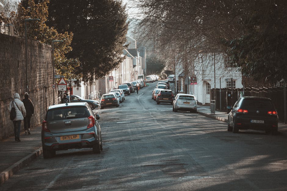 A narrow residential street in Bexley with brick terraced houses on the left side featuring white-framed windows and small front gardens enclosed by metal fences. The pavement on the right is lined with dense greenery, including tall bushes and trees, some with sparse branches extending over the sidewalk. The road surface has a slight curve and includes double yellow lines along the edge. In the background, a white van is parked partially visible, with sunlight casting shadows on the street and illuminating the scene. The photo captures a quiet, typical urban environment suitable for house removals and furniture transport services, with no active loading or moving equipment visible in this image.